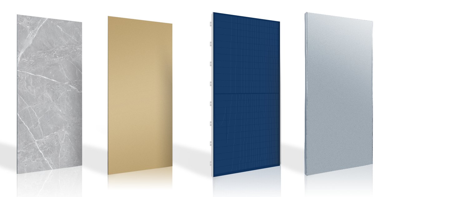 Ceramic-glazed BIPV glass in stone, gold, blue and grey