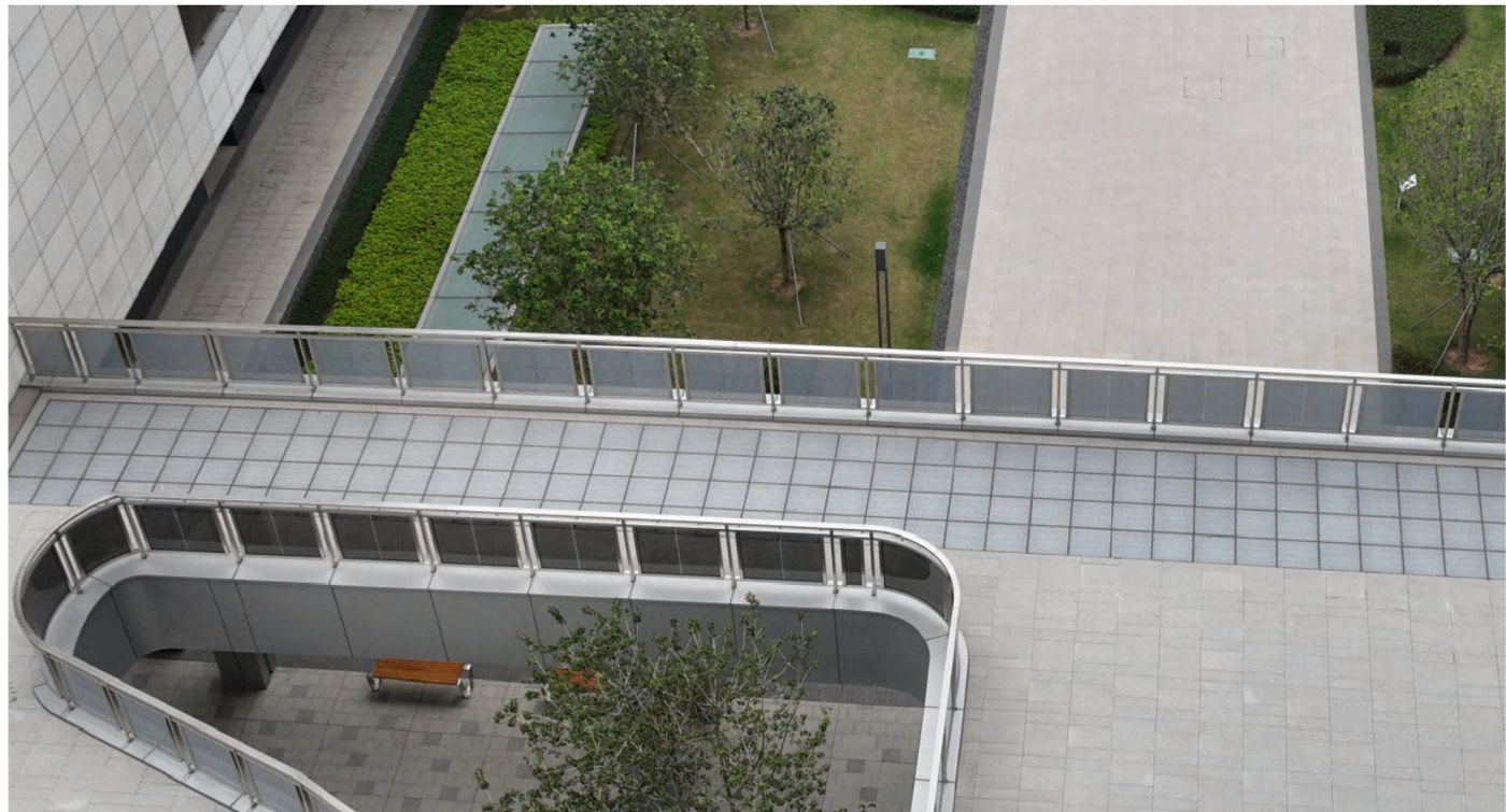 Photovoltaic pavement tiles on a roof terrace at Mingyang headquarters