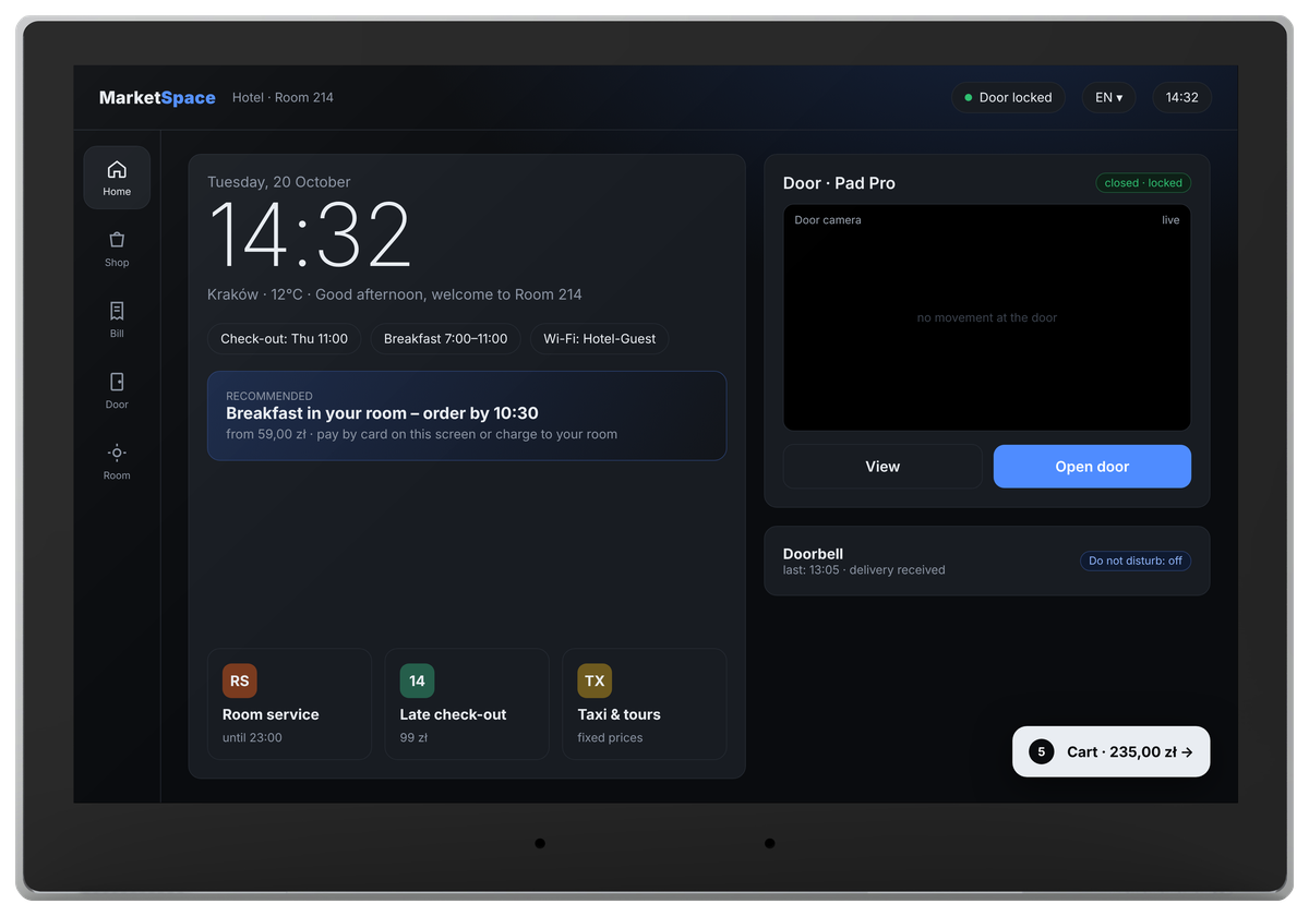 MarketSpace home screen: time, stay details, recommended offer, door panel and cart