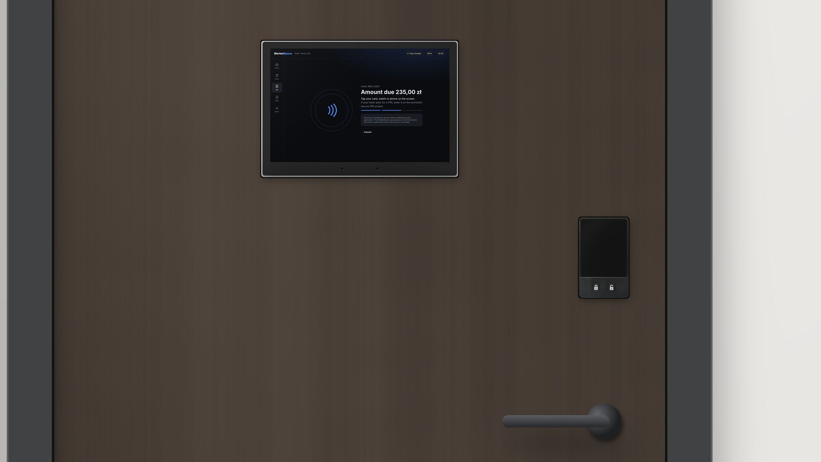 Concept: MarketSpace screen built into a hotel room door next to the SPACE access panel