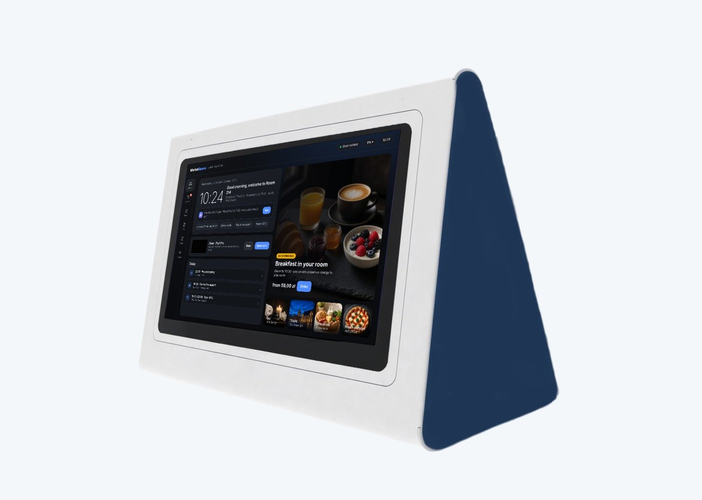 MarketSpace desk terminal in a triangular housing showing the home screen