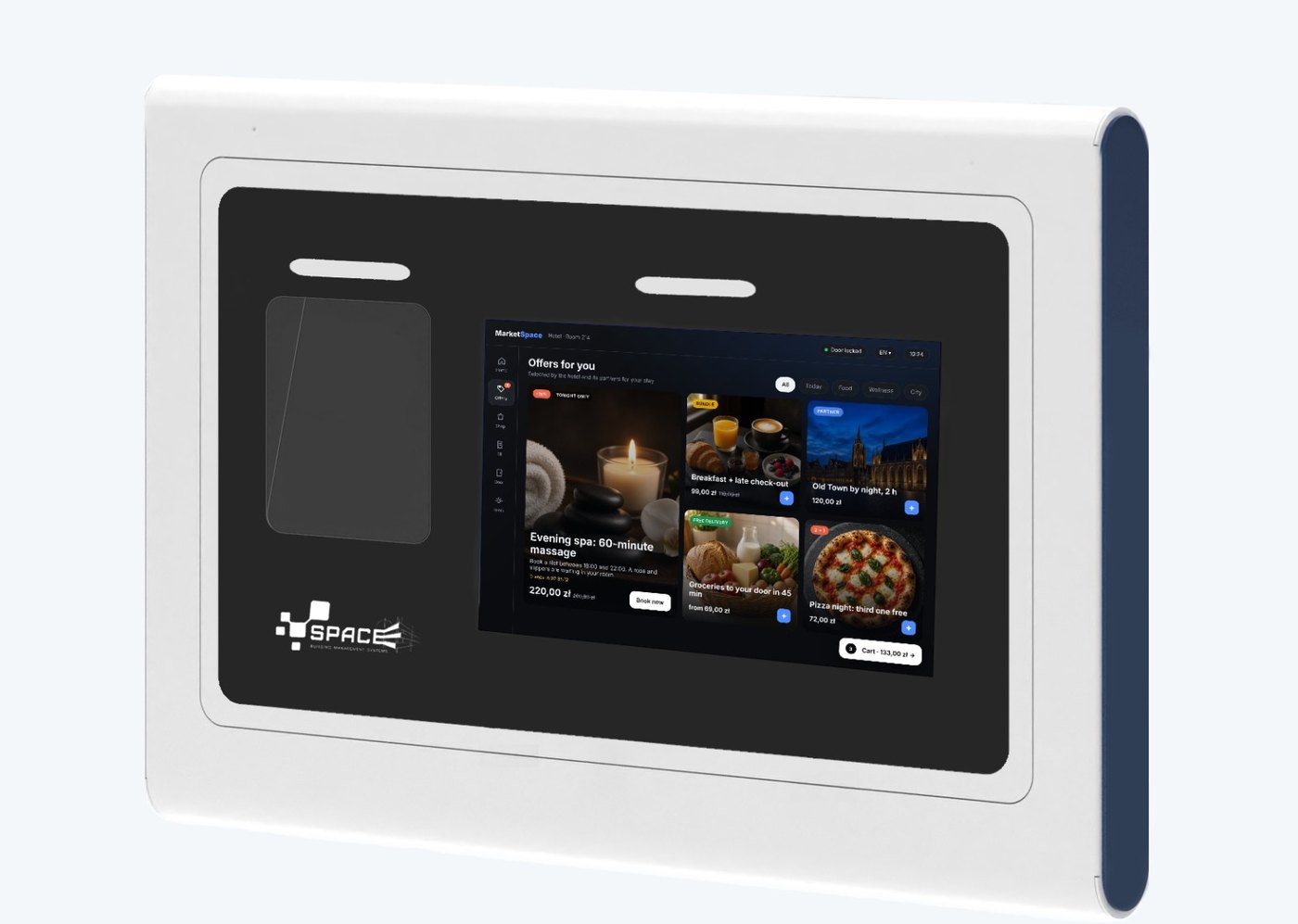 MarketSpace wall terminal with a face-reader window and the offers screen
