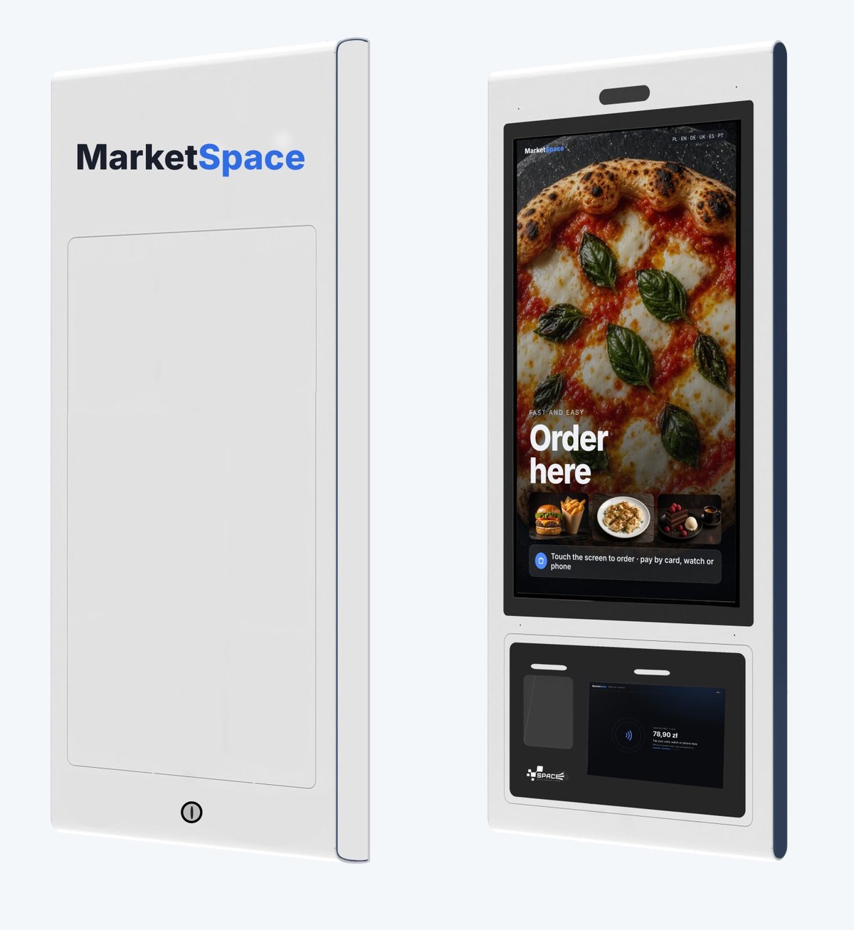 MarketSpace self-service kiosk project: back and front, with the portrait main screen and the lower payment module