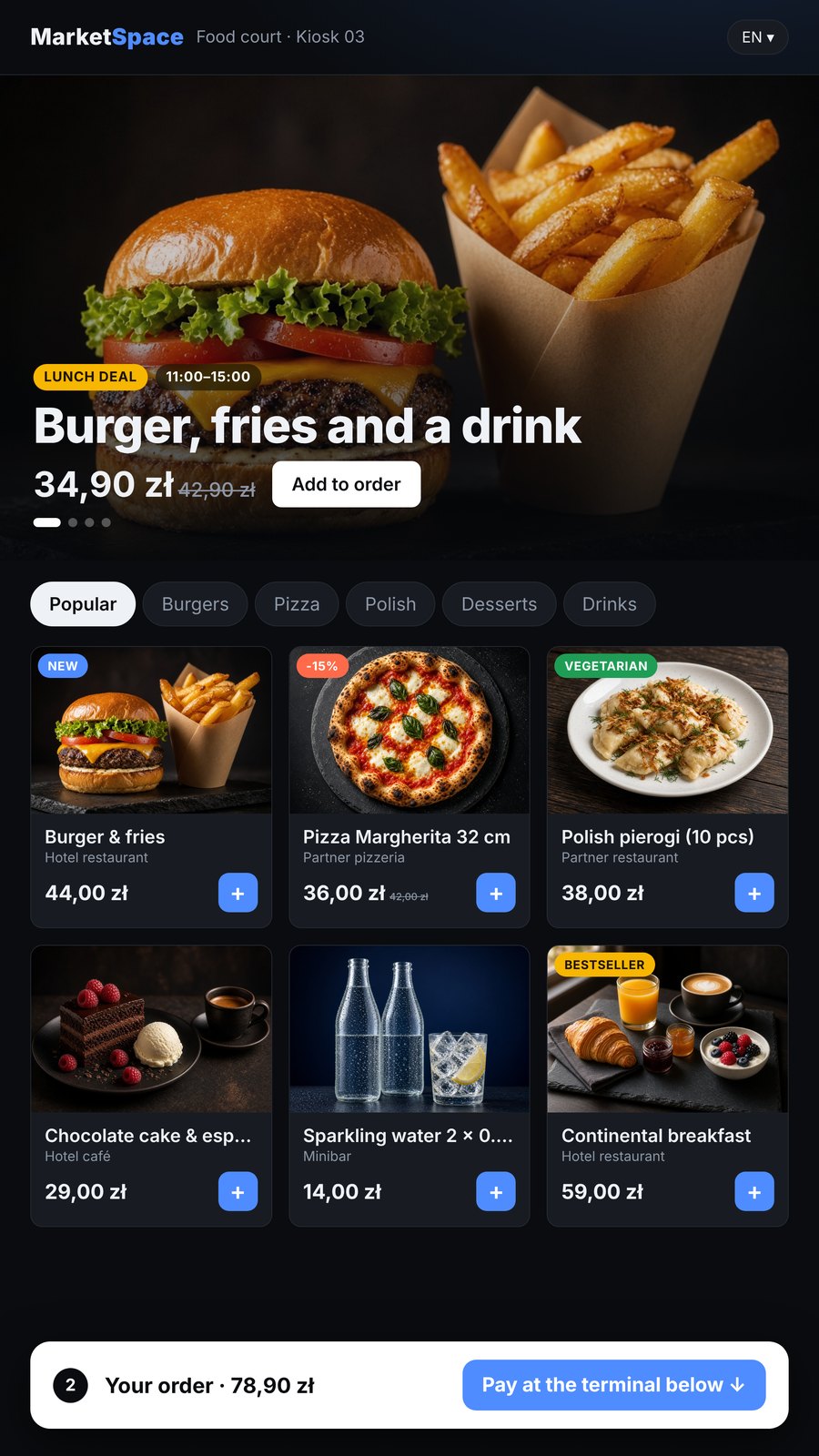Kiosk ordering screen: offer banner, categories and product tiles