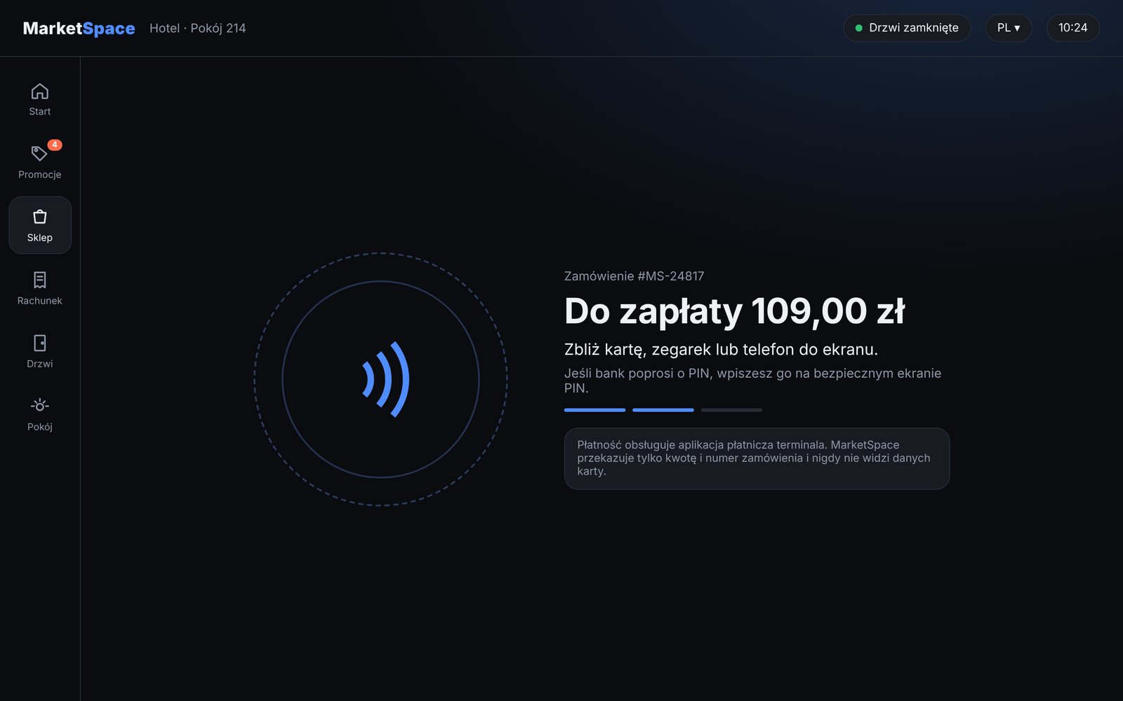 Ekran płatności z kwotą do zapłaty i instrukcją zbliżenia