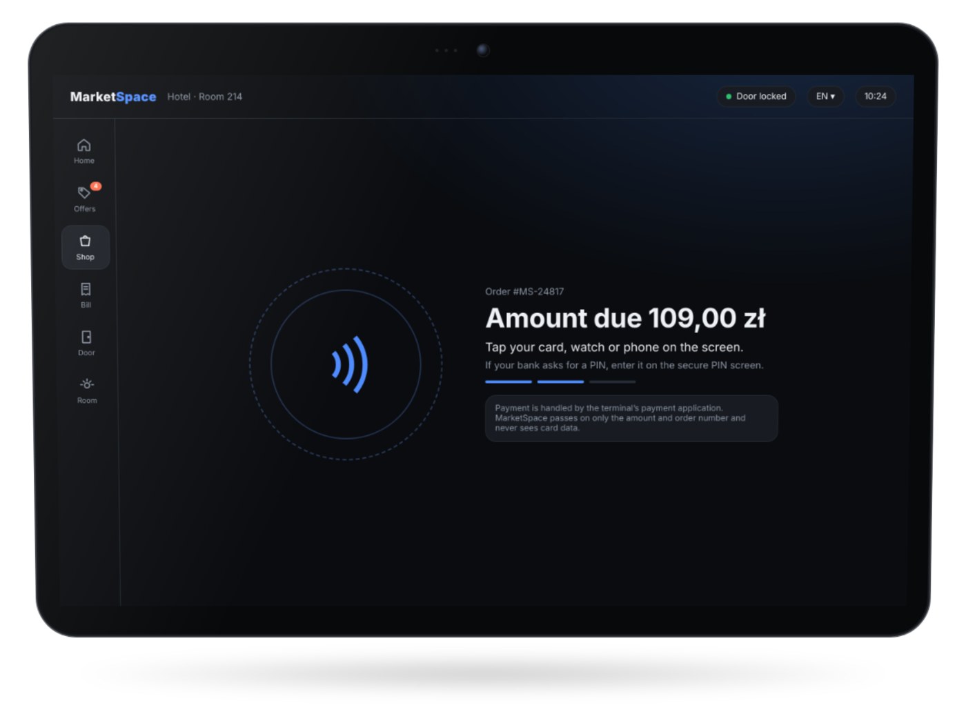 Payment screen: tap your card, watch or phone
