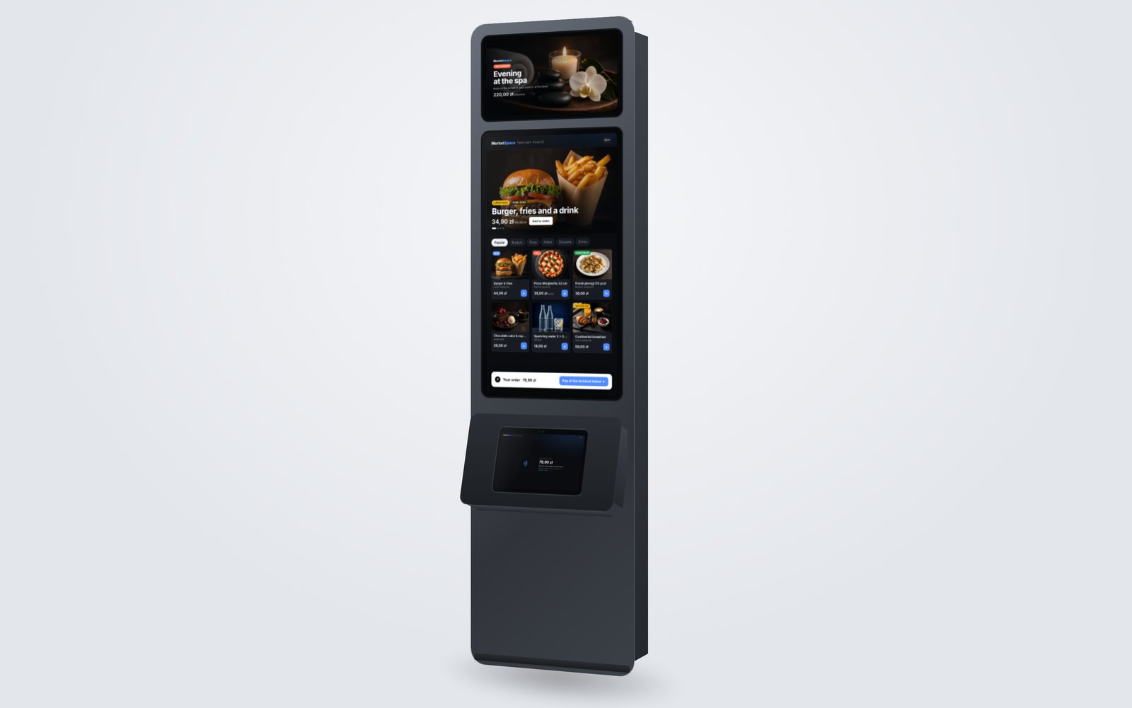 Visualisation: MarketSpace Kiosk with an advertising screen, a portrait ordering screen and the module as the payment station