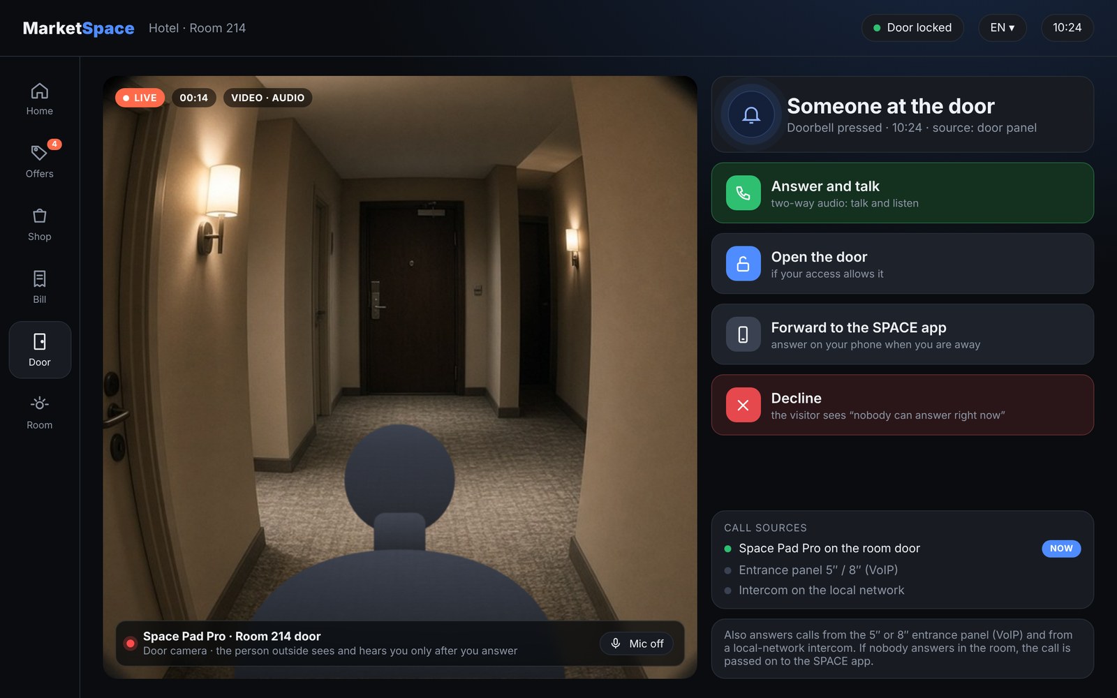Türruf auf dem MarketSpace Bildschirm: Live-Video von der Tür, annehmen und sprechen, Tür öffnen, an die SPACE App weiterleiten, ablehnen