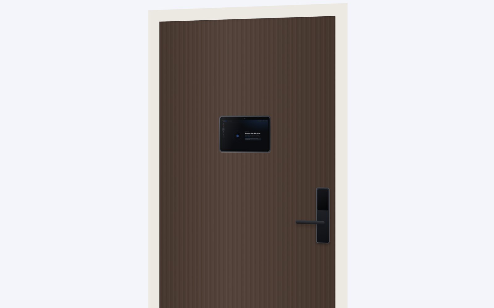 Visualisierung: MarketSpace Door bündig in einer Hotelzimmertür, mit dem Zahlungsbildschirm, über dem SPACE Zutrittspanel