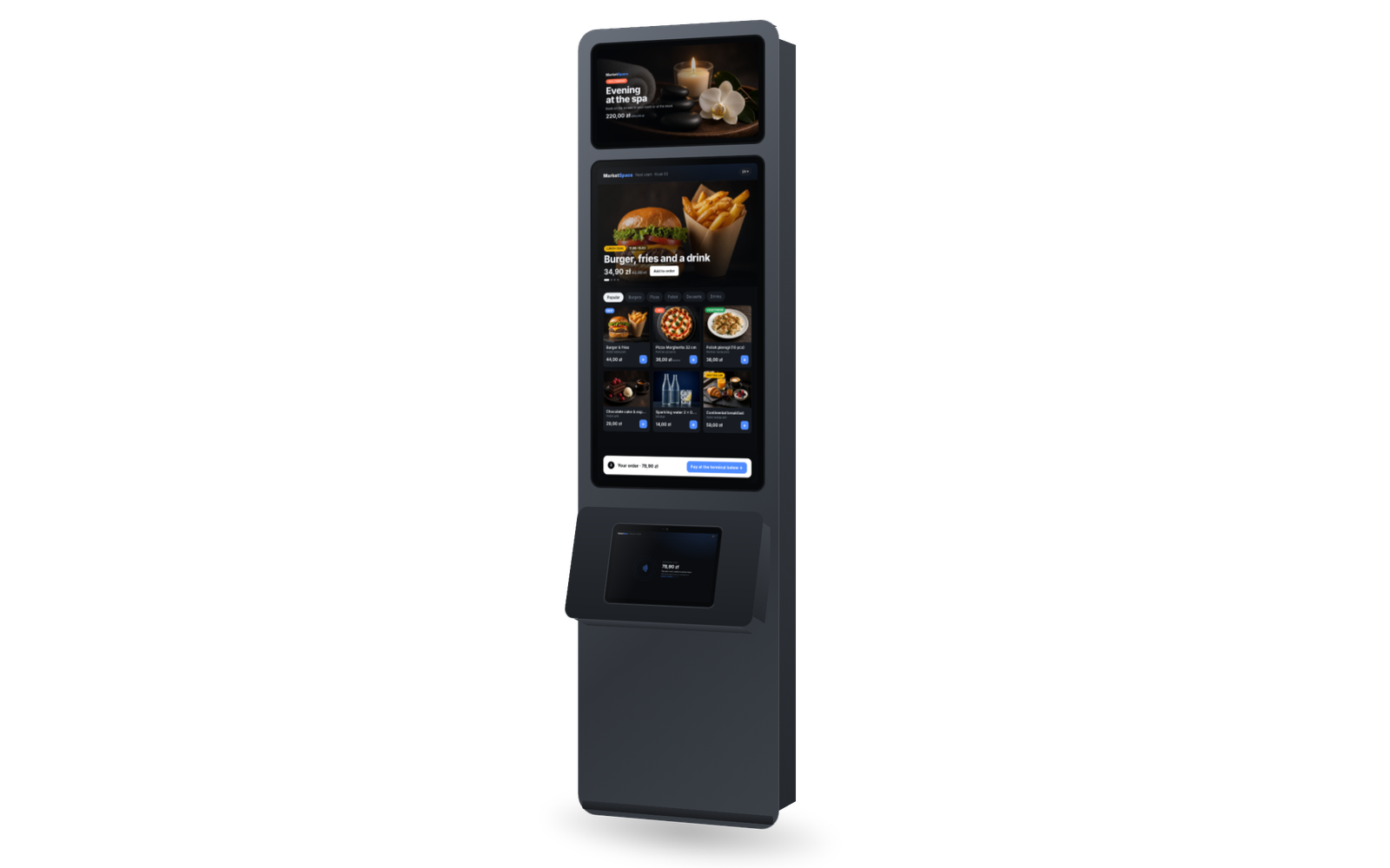 Visualización: MarketSpace Kiosk con pantalla publicitaria, pantalla de pedidos vertical y el módulo como estación de pago
