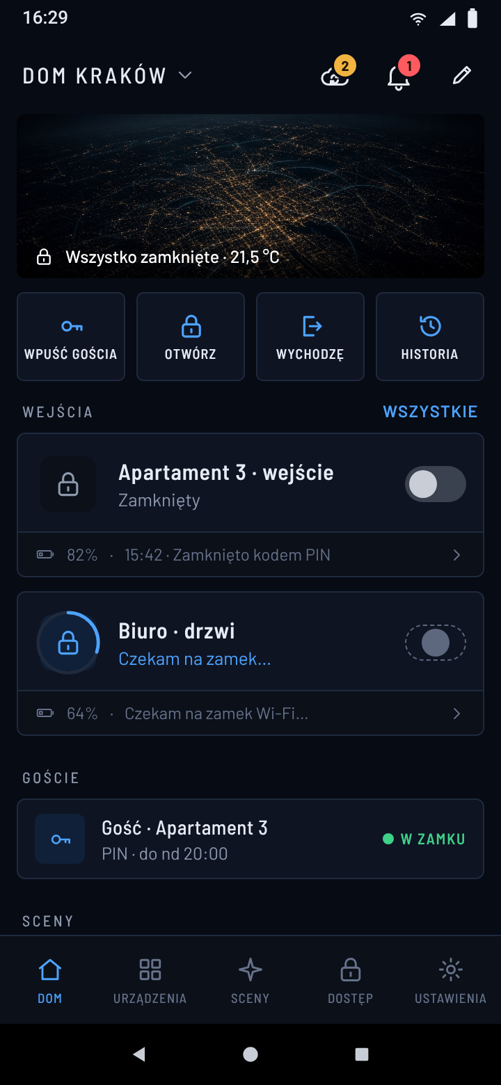 Home screen with entrances, guests and scenes